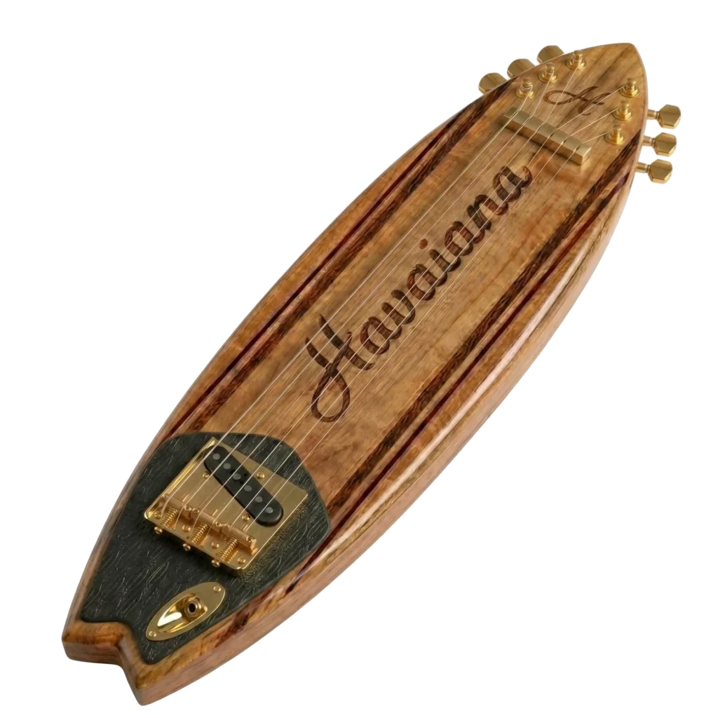 Alinhamento da guitarra havaiana lap steel artesanal da Série Surf feita pela Guitarra Havaiana em perspectiva lateral.